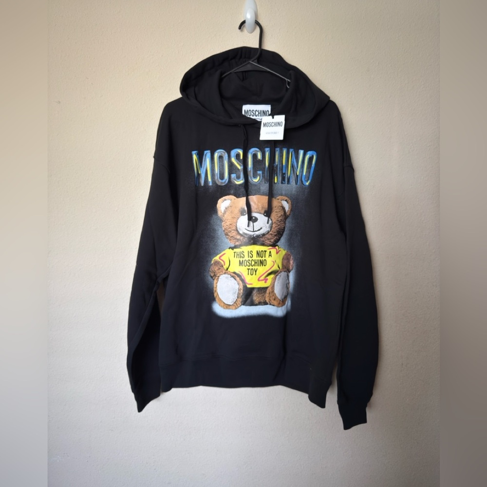 NWT Moschino Mens Black Sweater with Bear and Bold Logo.. Size XL